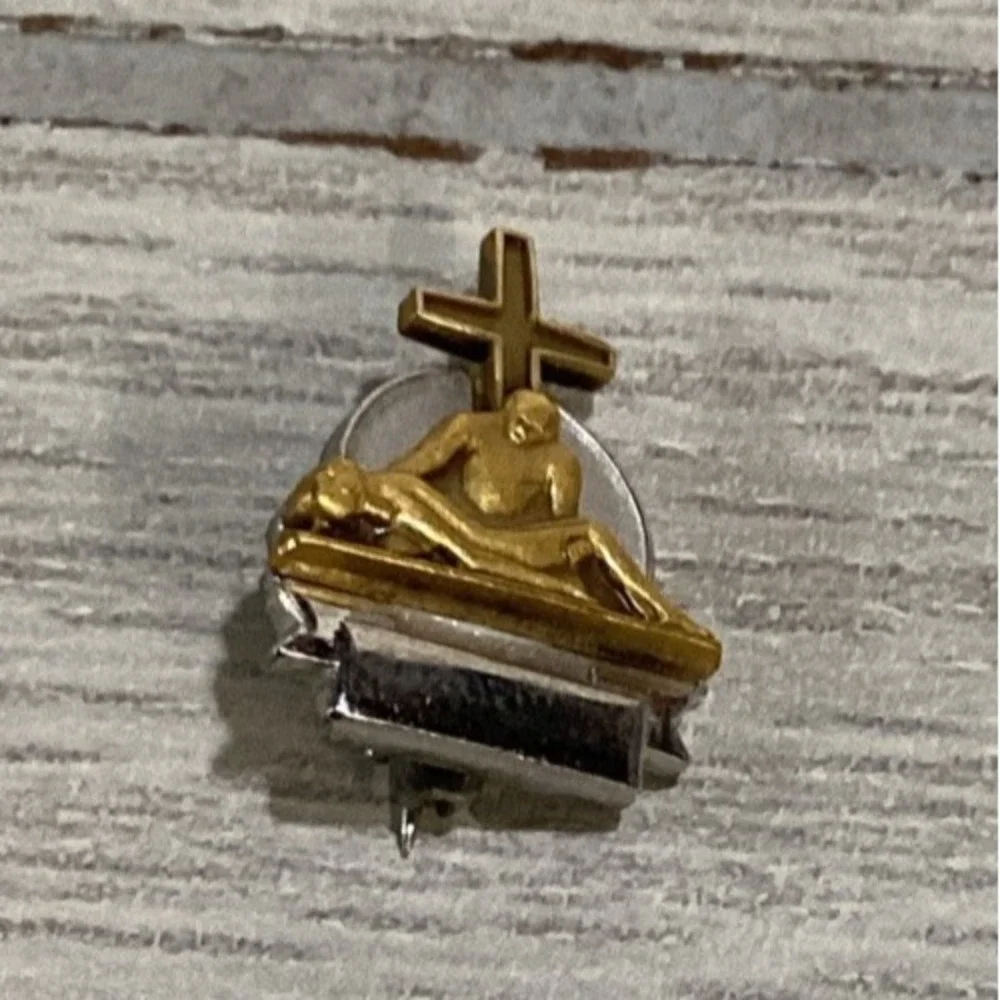 Silver & Goldtone Pin w/ Cross & Alter Sacrifice Vintage